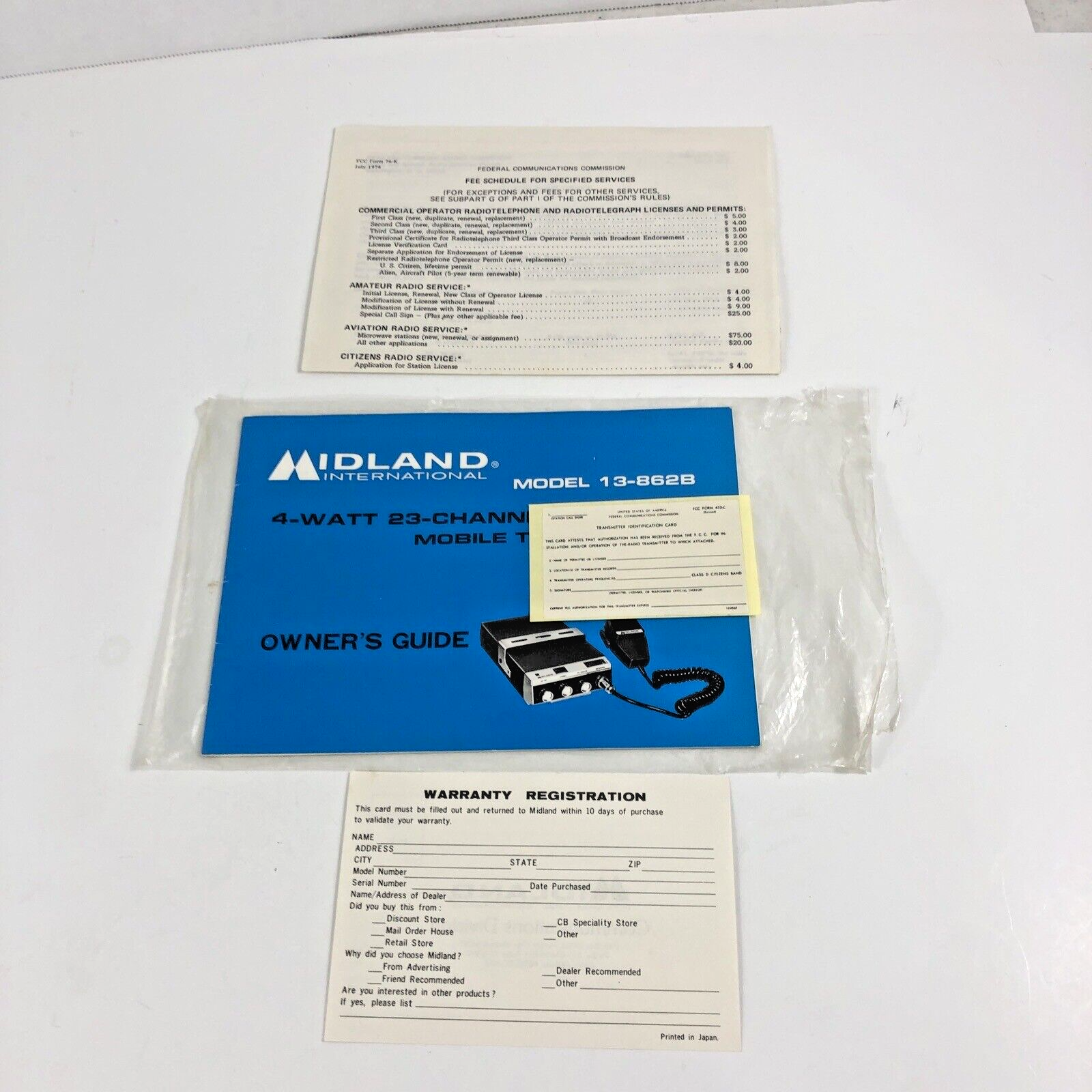 1975 Midland International Model 13-862B CB Owner's Manual and Warranty Card - $11.47