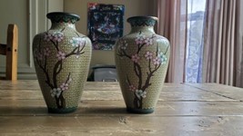 Antique Pair Of Chinese Cloisonne Cherry Tree Vases 7&quot; X 4.25&quot; - $118.80