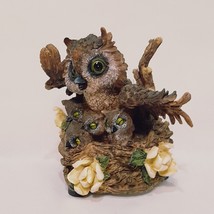 Owl Mother with Four Owlets Flowers  Music Box Resin Vintage Chipped - £27.27 GBP