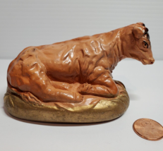 Vintage Nativity Putz Sitting Cow Gold Base Solid Chalkware Plaster 4.25&quot; - £7.81 GBP