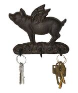 Cast Iron Whimsical Flying Pig Angel 3-Peg Wall Hook Decorative Sculpture - $383.50 MXN