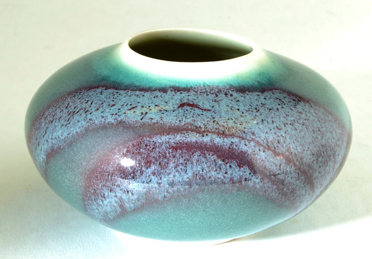 Art Pottery Porcelain Vase Gray Blue Color w Purple Splash Item image 3