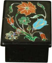 1.5&quot;x2&quot; Black Jewelry Lidded Box Carnelian Pietradura Floras Columbus Gift Decor - £81.66 GBP