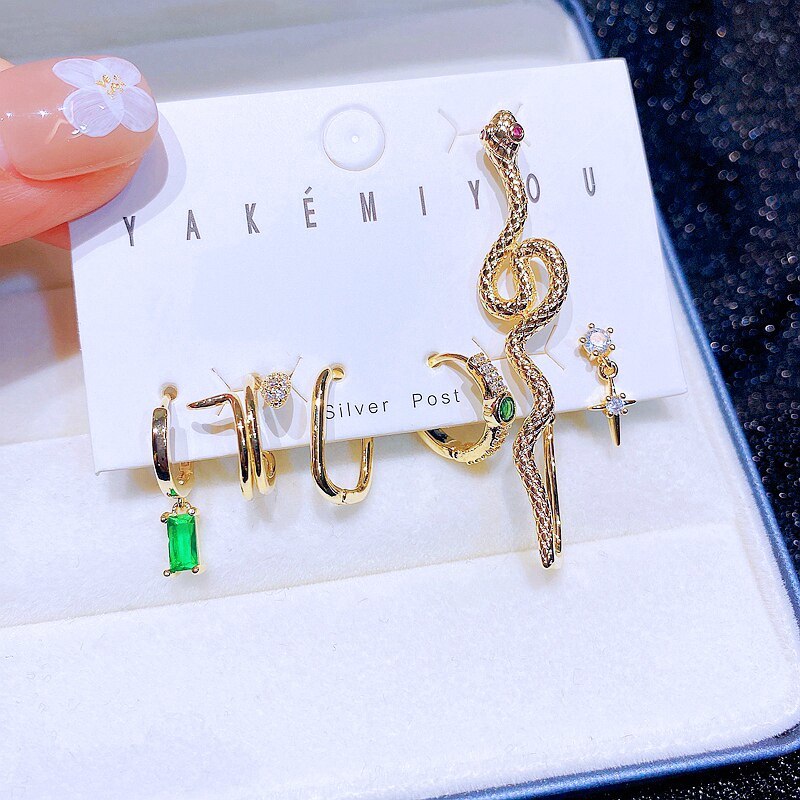 Primary image for Trendy 6pcs Mixed Green Stone Geometric Dangle Earrings Set Ear Cuff Gold Color 