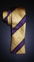 Yates &amp; Co London  skinny silk  tie ,navy stripe on gold,    free shipping - $49.50