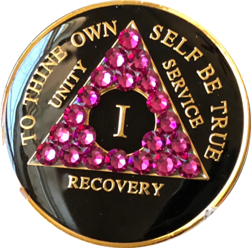 Primary image for Pink Fuschia Swarovski Crystal AA Medallion Black Tri-Plate Sobriety Chip Year 1