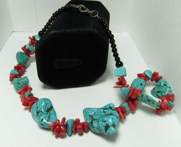 Santa Domingo Lory Melton Raw Chunky Spider Turquoise &amp; Red Coral 17&quot; Necklace - £103.33 GBP