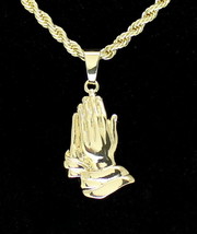 14k Gold Plated Praying Hands Pendant Cz 24&quot; Rope Chain Hip Hop Necklace - £7.42 GBP