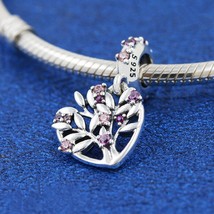 2020 Winter Release 925 Sterling Silver Pink Heart Family Tree Dangle Charm - £14.47 GBP