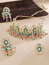 Pink Green Beads Cluster Drops Kundan Choker Necklace Earring Ring Set Kundan - £28.12 GBP