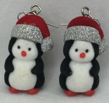 Penguin Santa Earrings Fuzzy Flock Winter Christmas Charms Costume Jewelry - £7.99 GBP