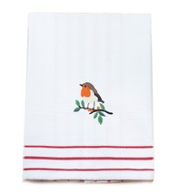 Festive Robins Shadow Embroidered Christmas Tea Towel - 50cm x 68cm - $13.50