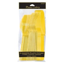 Sunshine Yellow Plastic 24 Cutlery Asst Forks Knives Spoons - £2.61 GBP