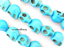 10 Turquoise Magnesite Stone 18mm Carved Skull Beads Halloween Day of the Dead - $4.99