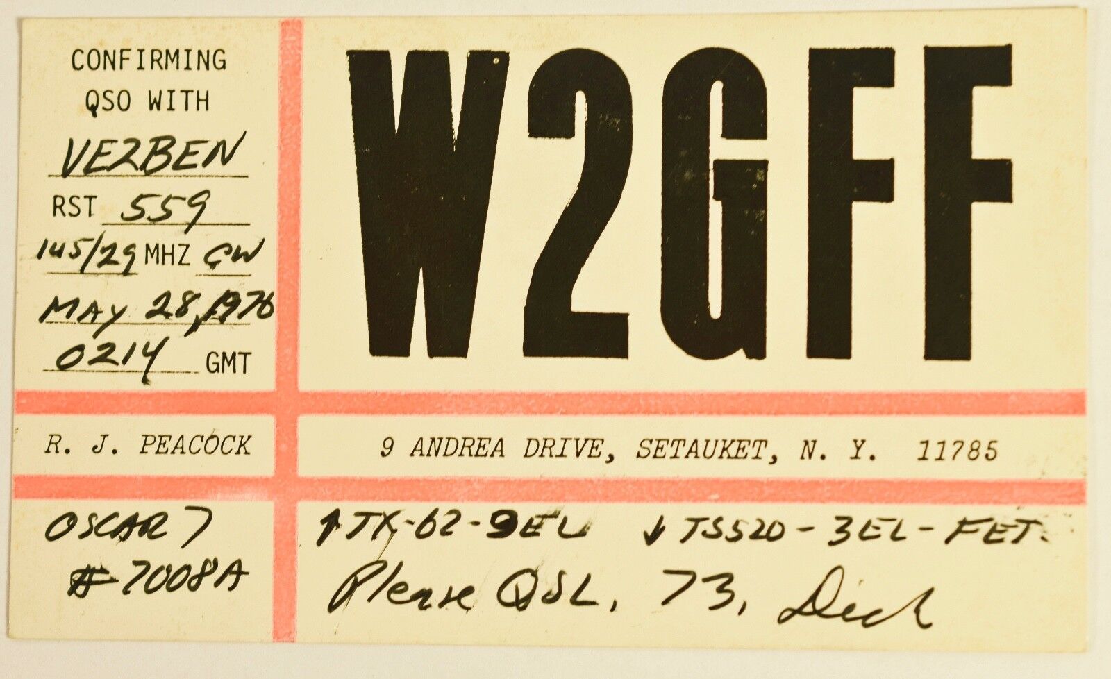 Vintage Setauket N.Y. USA QSL Card Amateur Radio 1976 - $2.97