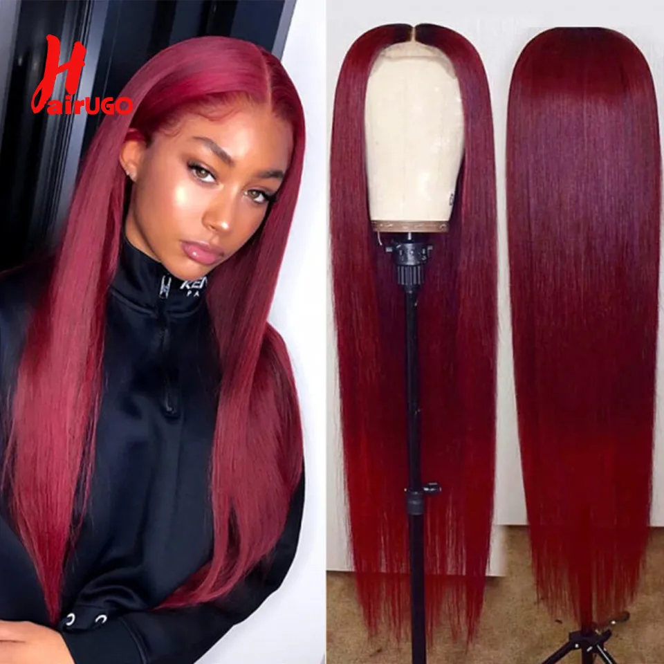 HairUGo 99J 13*4 Lace Front Human Hair Wigs Brazilian Remy Burgundy Straight - £69.33 GBP+