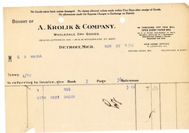 1910 A. Krolik Company Dry Goods Detroit Michigan Antique Receipt CS Han... - £29.58 GBP