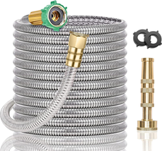 Garden Hose 50FT - Stainless Steel Metal Water Hose with Brass Nozzle, Heavy Dut - £45.73 GBP