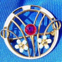 Elegant Vintage Ruby Brooch Solid 10k Gold Guiloche Enamel Deco Geometri... - $376.20