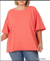 Zenana  3X French Terry Oversized Drop Shoulder Round Neck Raw Hem Tee Dp. Coral - £12.07 GBP
