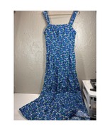LOFT Shirred Flounce Maxi Dress Blue Pleated Floral Cottagecore Size Sma... - $744.05 MXN