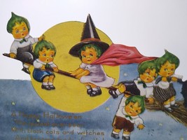 Halloween Postcard Whitney Die-cut Fantasy Green Haired Witch Children Foldout - £83.25 GBP