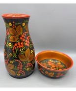 Vtg Russian Hand Painted Lacquer Floral Ceramic Vase Wooden Bowl 2 Pc - $487.32 MXN