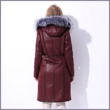 Silver Russian Fox Fur Hooded Collar Long Sleeves Plush Lined Faux Leather Coat image 2