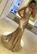 Elegant High Neck Mermaid Gold Prom Dresses Long Evening Dresses - $169.99