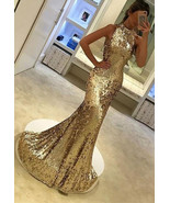 Elegant High Neck Mermaid Gold Prom Dresses Long Evening Dresses - £136.71 GBP
