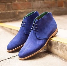 Royal Blue Color Superior Suede Leather Party Wear High Ankle Chukka Boots - £128.28 GBP+