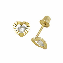 Baby Girl White Sapphire Laser Cut Heart Shape Stud Earrings 14K Yellow Gold - £38.32 GBP