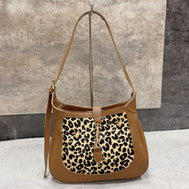  Genuine Leather Leopard Print Horsehair Shoulder Bag Commuter Tote-Interest Des - £66.45 GBP