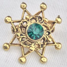 Gold Tone  Vintage Pin Brooch Green Jeweled Star - $9.89