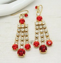 Stunning Vintage Ruby Red Rhinestone Crystal Tassel Drop EARRINGS Jewellery - £14.29 GBP