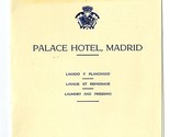 Palace Hotel Madrid Spain Laundry and Pressing Cost Brochure 1950&#39;s - $19.78