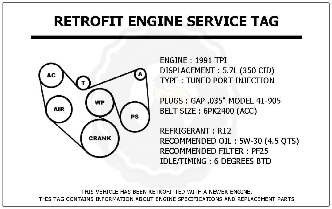 1991 TPI 5.7L Trans Am Retrofit Engine Service Tag Belt Routing Diagram ... - $14.95