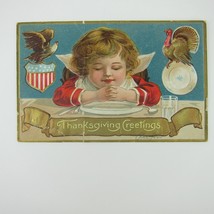Thanksgiving Postcard Boy Praying Meal Wild Turkey Eagle Embossed Antique 1908 - £7.85 GBP