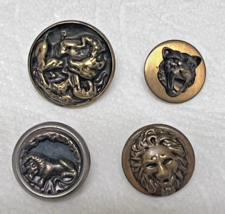 4 Antique Round Metal Picture Buttons Lions Tiger Wild Boar &amp; Dog Gold S... - $267.66 MXN