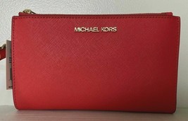 NWB Michael Kors Jet Set Travel Double-Zip Wristlet Flame Red Leather Dust Bag 1 - £66.71 GBP