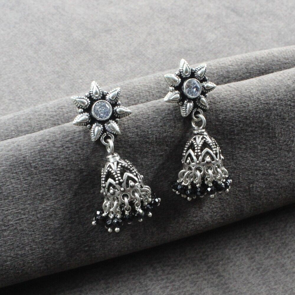 Primary image for Beach Wear Real 925 Sterling Silver CZ Oxidized Jhumki Style Women Earrings