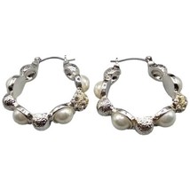 Pierced White Simulated Half Pearls Rhinestones Hoop Earrings Women Silver Tone - $7.91