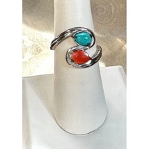 925 Sterling Silver Turquoise And Carnelian Bypass Size 6.75 Sky - £34.73 GBP