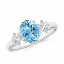 Solitaire Oval Swiss Blue Topaz Criss Cross Ring with Diamonds in Silver Size 7 - £290.40 GBP