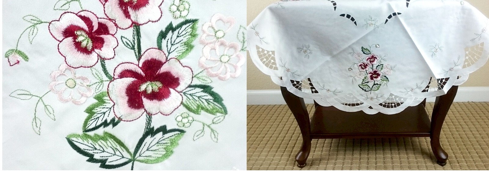 33&quot; Round Embroidered Burgundy Red Rose Fabric Embroidery Satin Tableclo... - $30.99