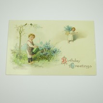 Postcard Birthday Greeting Antique Boy Watering Blue Flowers Birds Girl Basket - £7.85 GBP