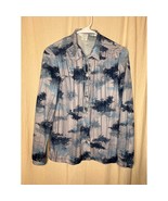 Vintage 1970s Dusty Blue Navy Scenic Oriental Forest Woods Painting Shirt S - $38.00