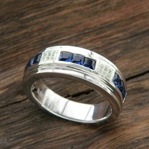 2 Ct Princess Cut Blue Sapphire Lab Created Men&#39;s Band Ring 925 Sterling Silver - £92.05 GBP