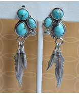 Artisan Crafted Natural Turquoise Feather Dangle Earrings in Sterling 5.... - $69.95