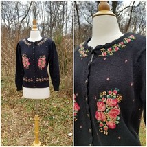 Vintage does 40-50s black knit cotton/rami cardi Hungarian floral embroi... - $59.40
